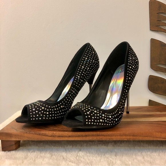 Heart in D Black With Rhinestones Peeptoe Stiletto - Picture 1 of 12